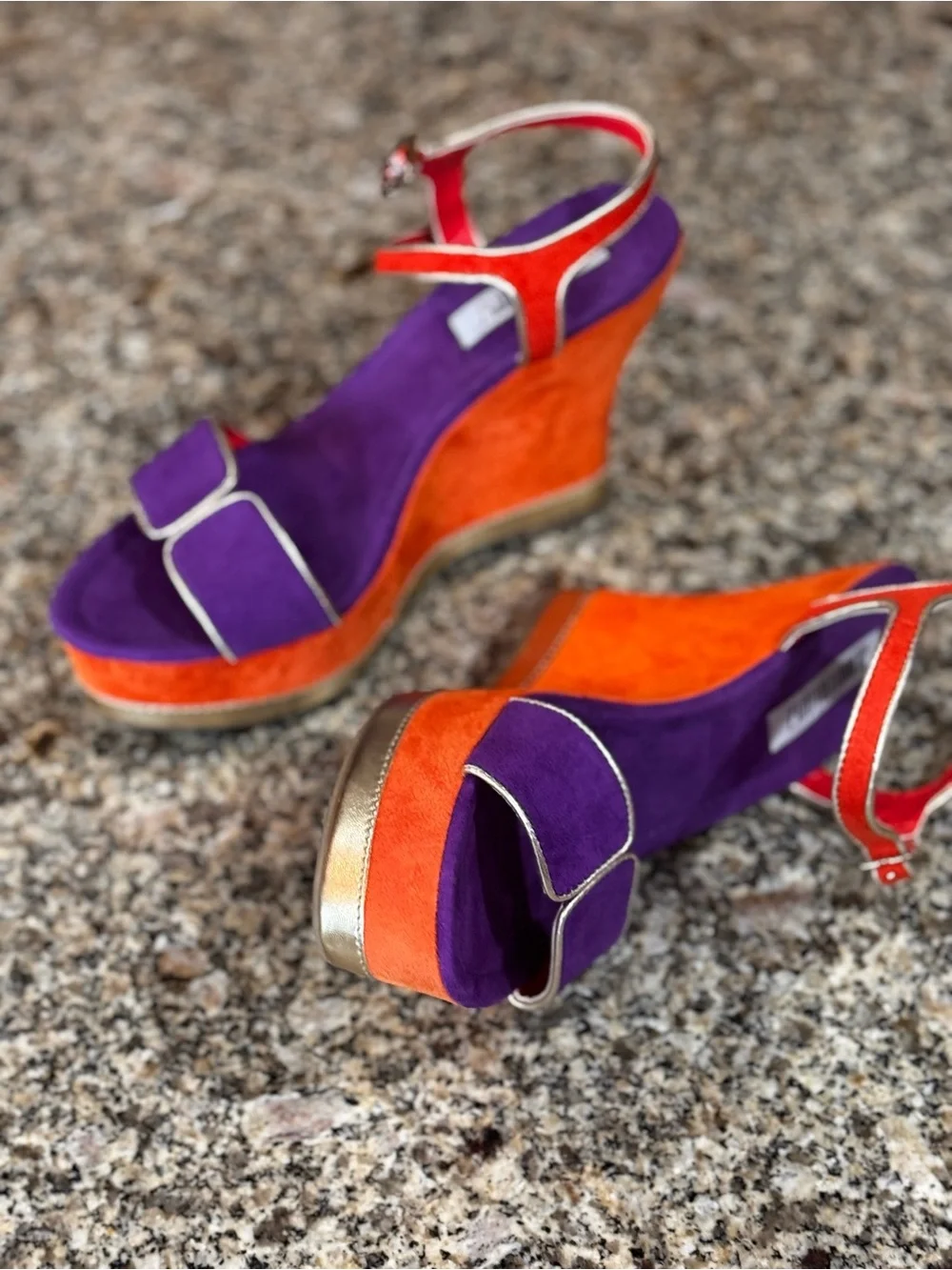 Jennifer Lopez Orange and Purple Suede Wedge Sandals